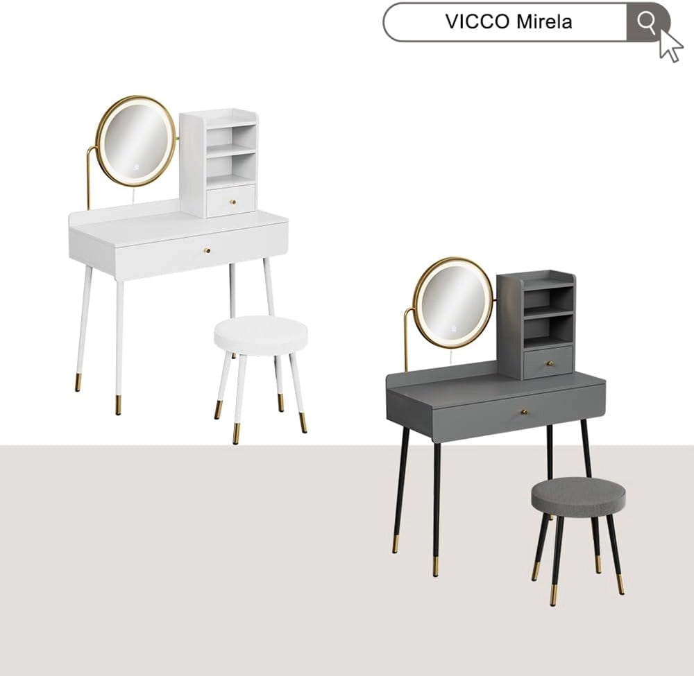 Tavolo da toeletta Mirela, Grigio, 90 cm con specchio LED e sgabello, adatto per la cura quotidiana e l'organizzazione di articoli cosmetici