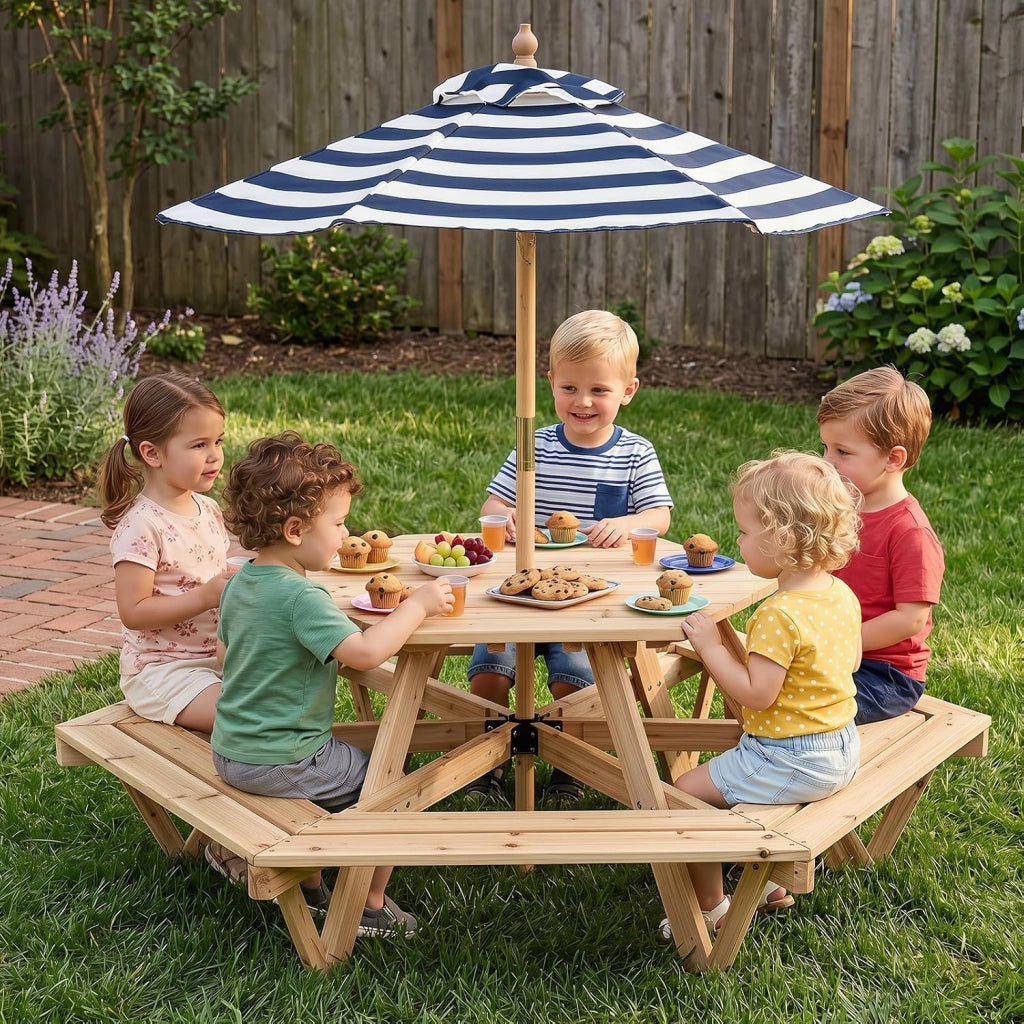 Tavolo Esagonale da Picnic per Bambini 3+ Anni con 6 Panche | Tavolino in Legno Massello con Ombrellone Rimovibile e Regolabile per Giardino, Balcone e Cameretta