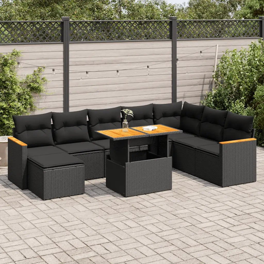 Set Divani da Giardino 9 pz con Cuscini Nero Polyrattan Acacia 3327520