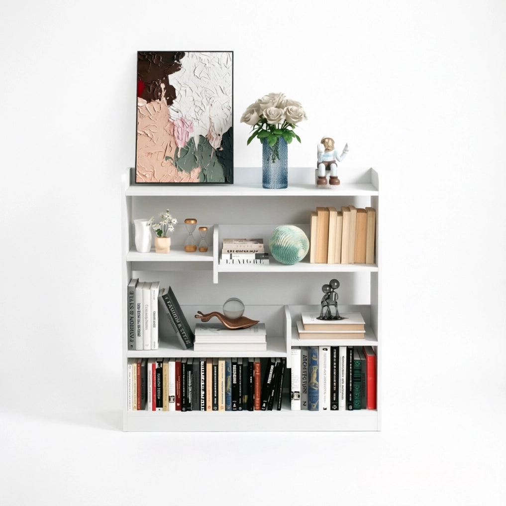 Libreria 90x24x91 cm in truciolare bianco, 4 livelli, salvaspazio –
