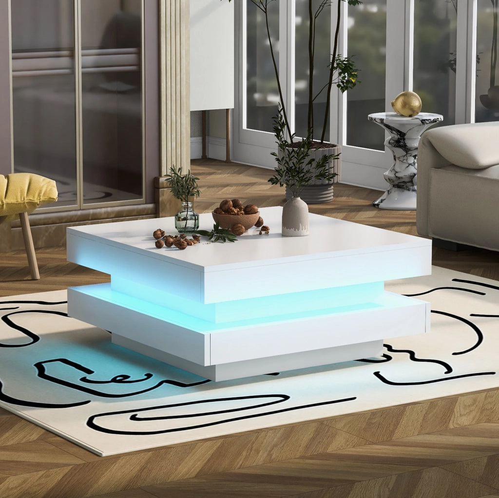 Tavolino da caffè quadrato bianco con illuminazione LED Bluetooth, 70 x 70 x 36 cm
