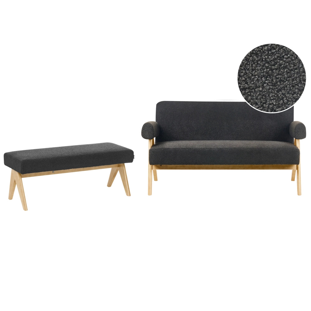Set di divani Nero e marrone chiaro Divano a 2 posti Panca Boucle Rivestimento Retro Design Gambe di legno Soggiorno