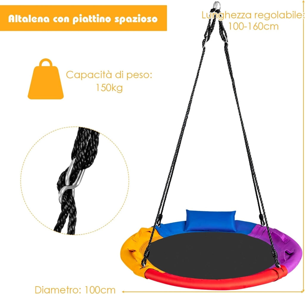 Altalena a Nido per Bambini, Altalena Rotonda con Corde Regolabili in Altezza, Cuscino e Maniglia, Ideale per Cortile e Giardino, Capacità di Carico 150 kg