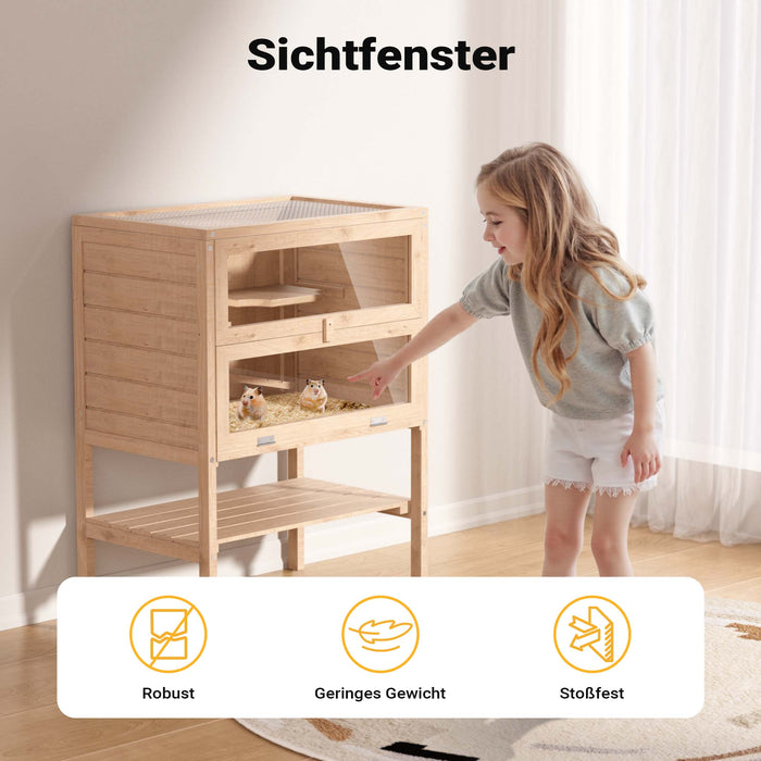 Gabbia per roditori piccoli animali a 3 livelli in legno e plexiglas con tetto apribile