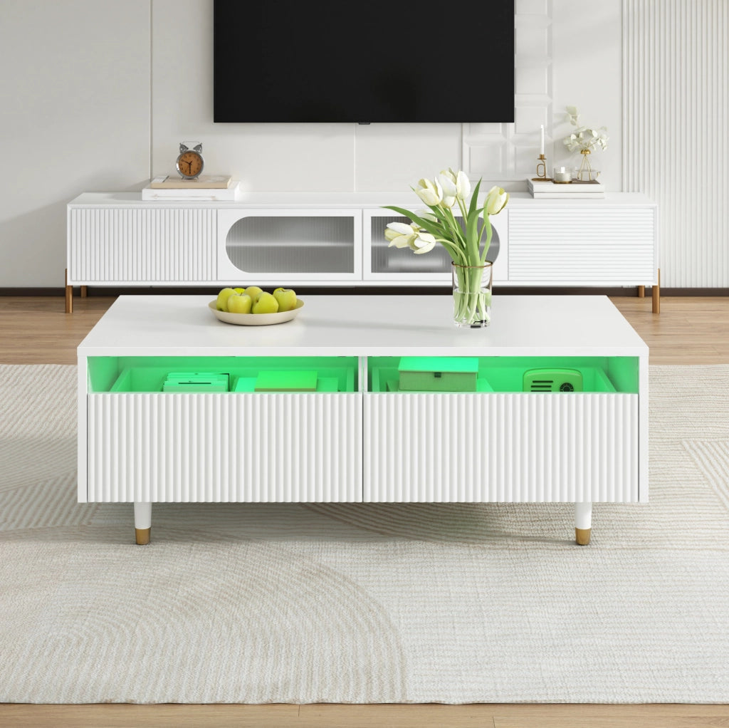 Tavolino da caffè LED bianco 110×50×40 cm con 2 cassetti