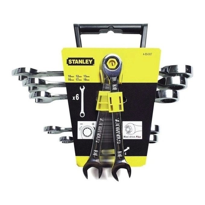 STANLEY 4-89-907 Set 6 Chiavi Combinate a Cricchetto 10 12 13 16 17 19 mm Profilo Maxi Drive Plus Incremento 5° Acciaio Cr-V Finitura Cromata Nichelata colore Nero