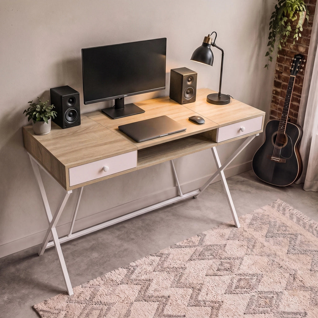 Scrivania PC industriale Rovere Sonoma CROSSLINE 120 cm 2 cassetti 1 ripiano gambe bianche