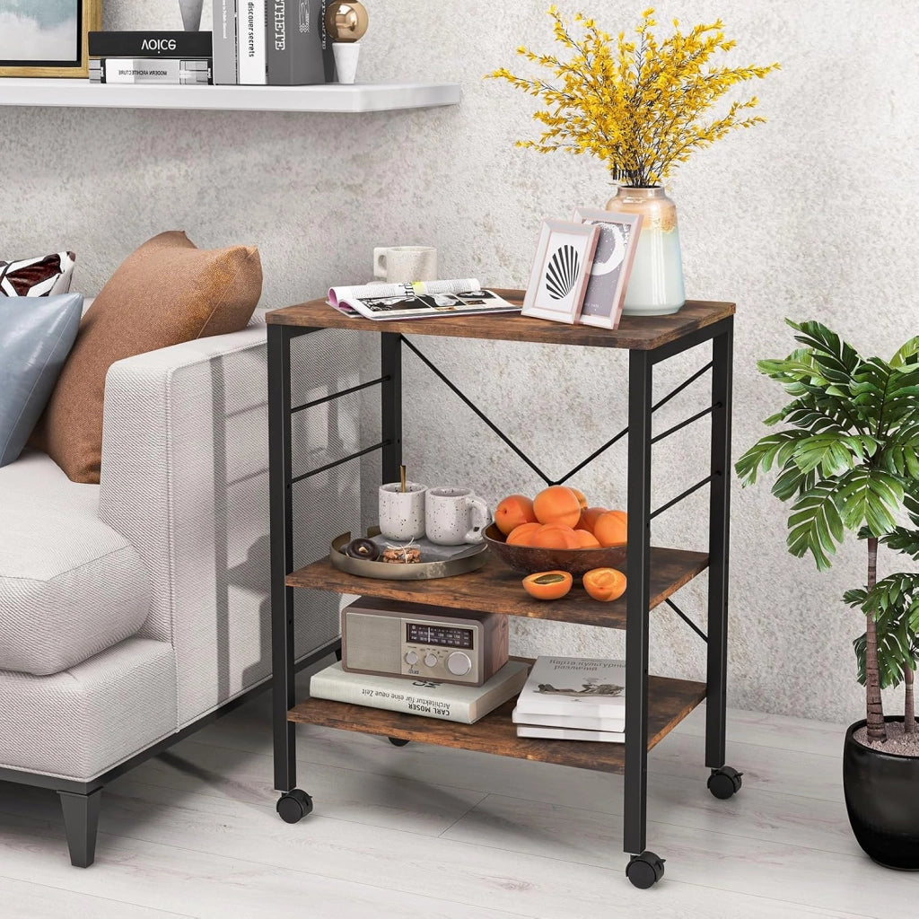 Carrello da Cucina con Rotelle, Carrello a 3 Livelli con Ripiani Regolabili e 10 Ganci a S, Carrello di Servizio in Legno e Metallo, Carrello Multiuso per Ufficio Cucina (Industria)
