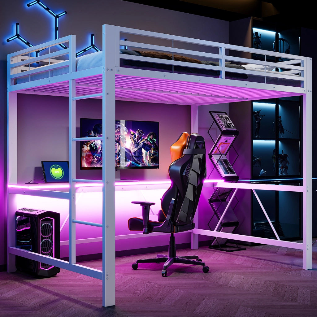 LETTO a soppalco gaming 140x200 cm in metallo e MDF bianco con scrivania e LED