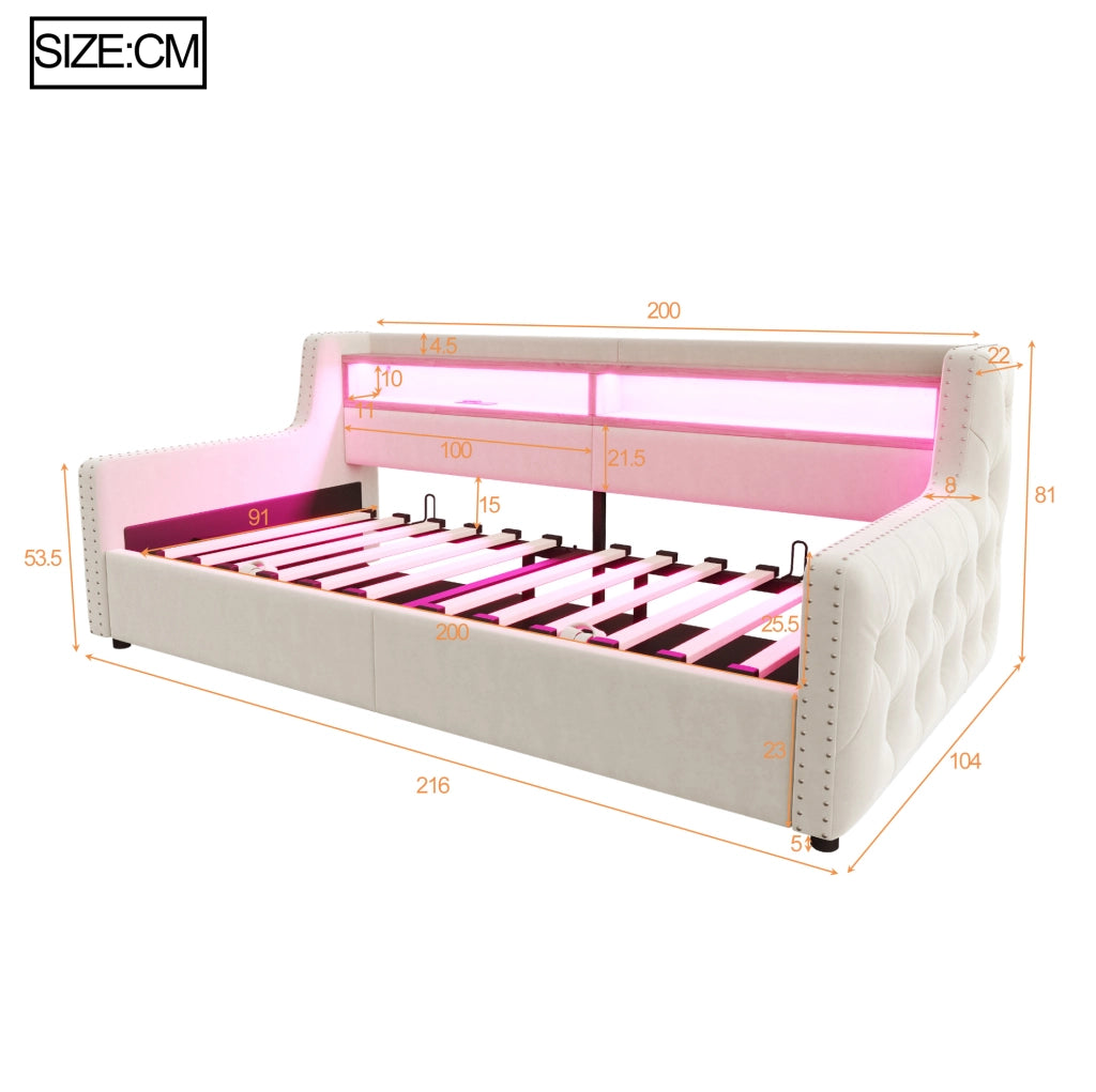 Divano letto imbottito 90x200 cm con vano contenitore e LED beige