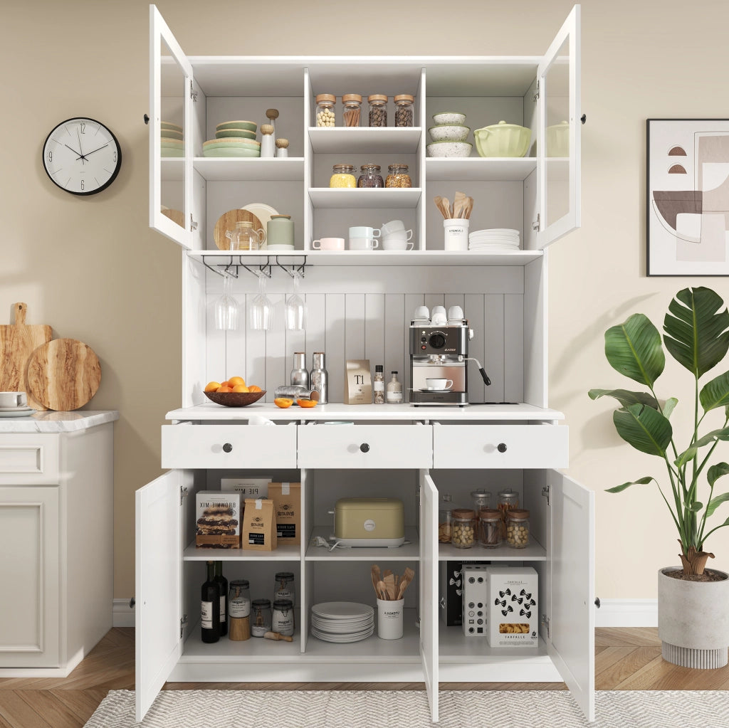 Buffet alto 120x40x191 cm con ante in vetro; porta bicchieri; prese USB e truciolare bianco