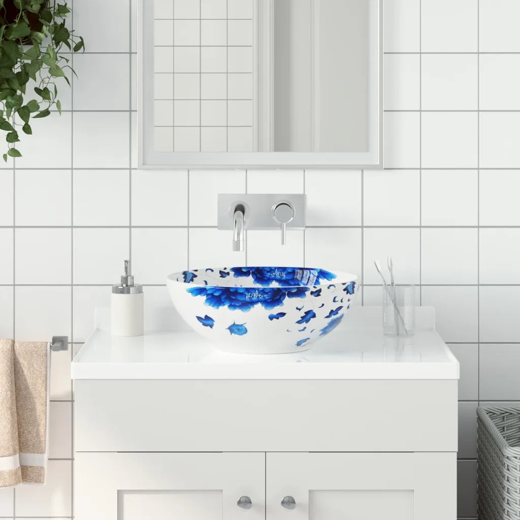 Lavabo da Appoggio Bianco e Blu Rotondo ¦µ41x14 cm Ceramica CFW4767852
