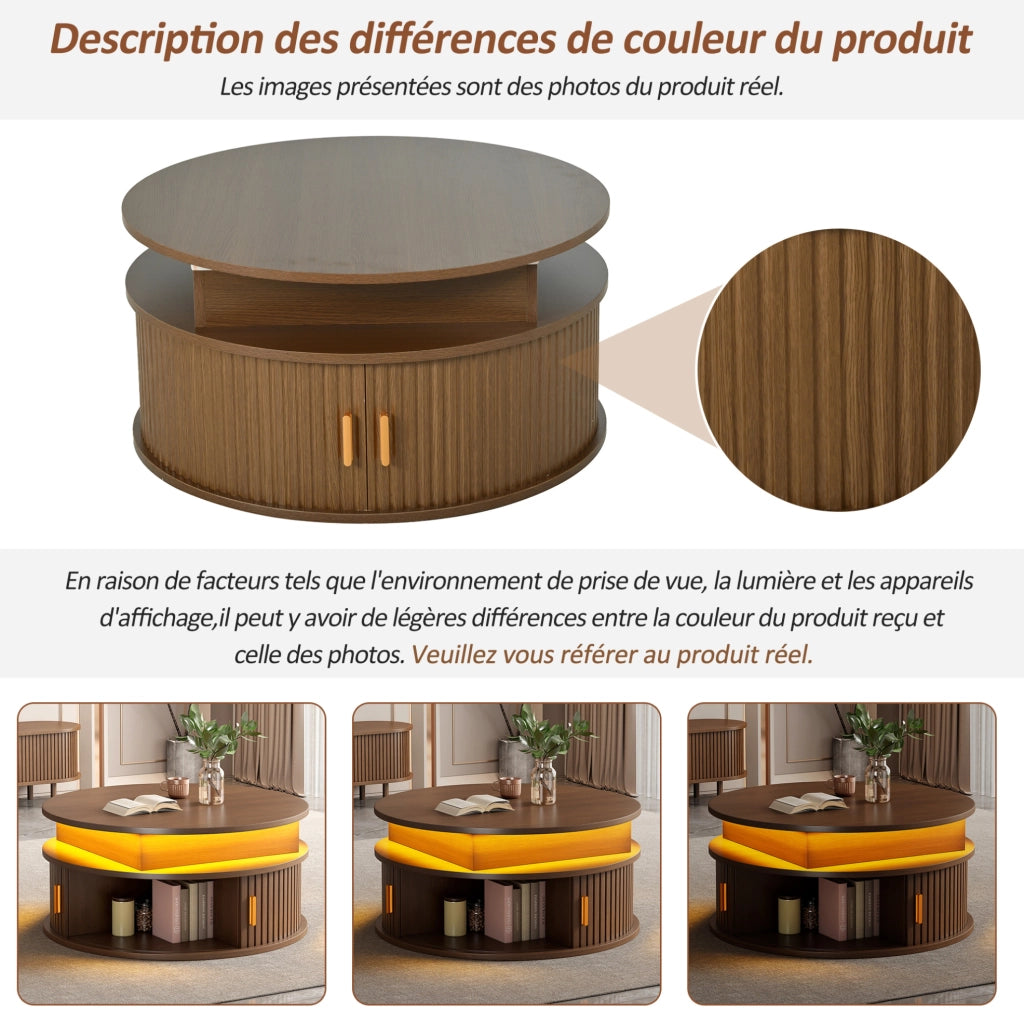 Tavolino da caffè rotondo regolabile in altezza con LED; 75 cm; MDF; color noce