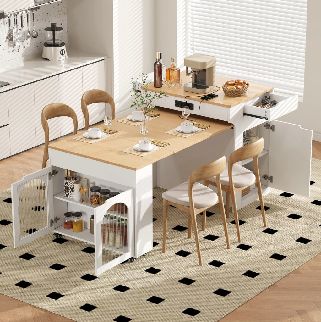 Isola cucina con ruote e piano estraibile, credenza con prese integrate e ante in vetro, bianco