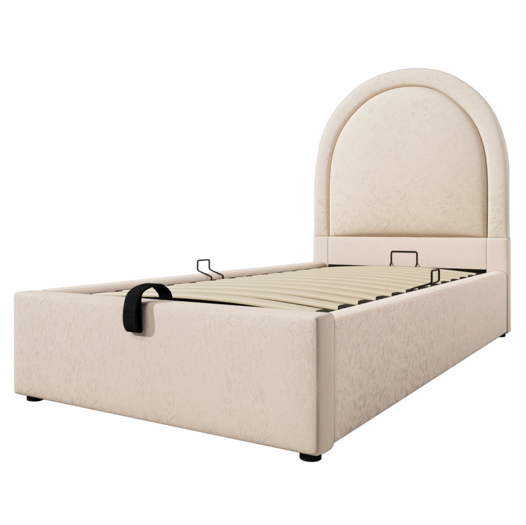 Letto imbottito per bambini 90x200 cm in PU beige con contenitore e rete a sollevamento idraulico
