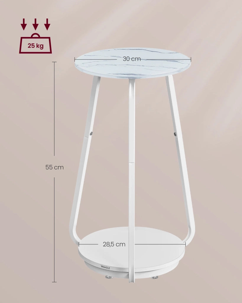 Tavolino rotondo comodino a 2 ripiani tavolino con piano in vetro e ripiano in truciolare per soggiorno piccoli spazi stile moderno effetto marmo bianco 12_0007567
