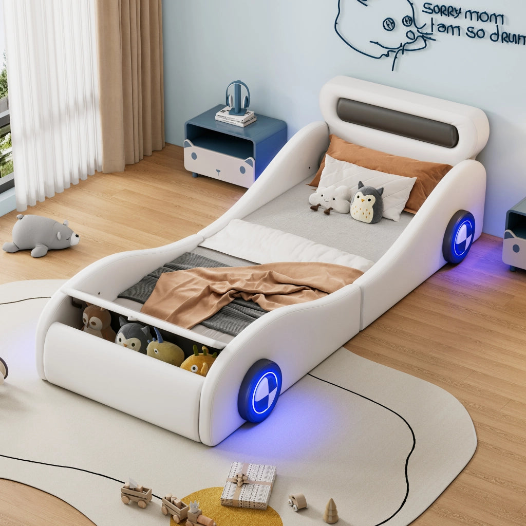 Letto imbottito auto bianco con ruote luminose in PU 90x200 cm