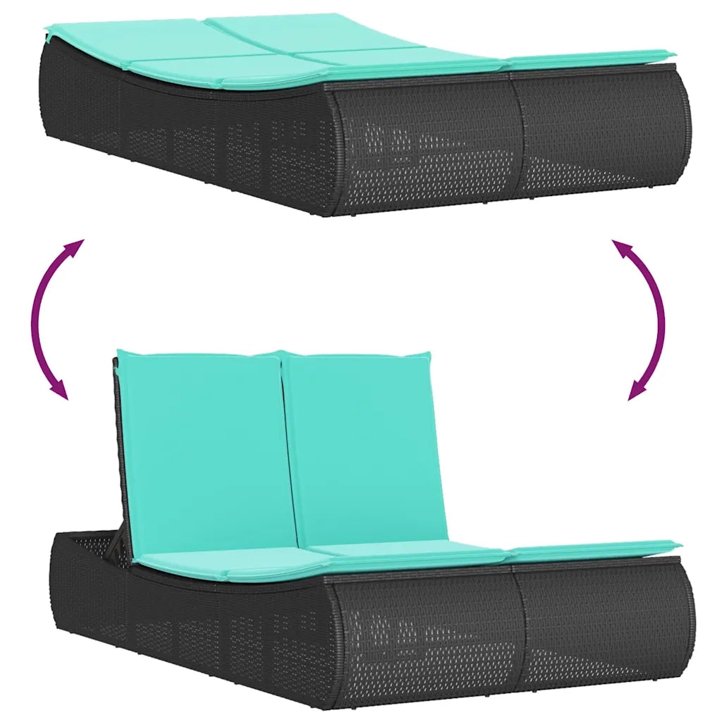 Lettino Prendisole Doppio con Cuscini Nero in Polyrattan 368098