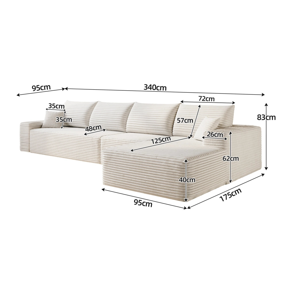 Divano modulare angolare 340x175x83 cm con chaise longue; tessuto a coste bianco