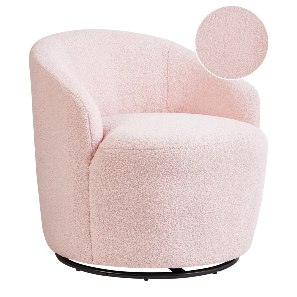 Poltrona Rosa Pastello Boucle Tessuto Morbido Nubby Base Nera Girevole 360° Stile Retro Glam Art Decor