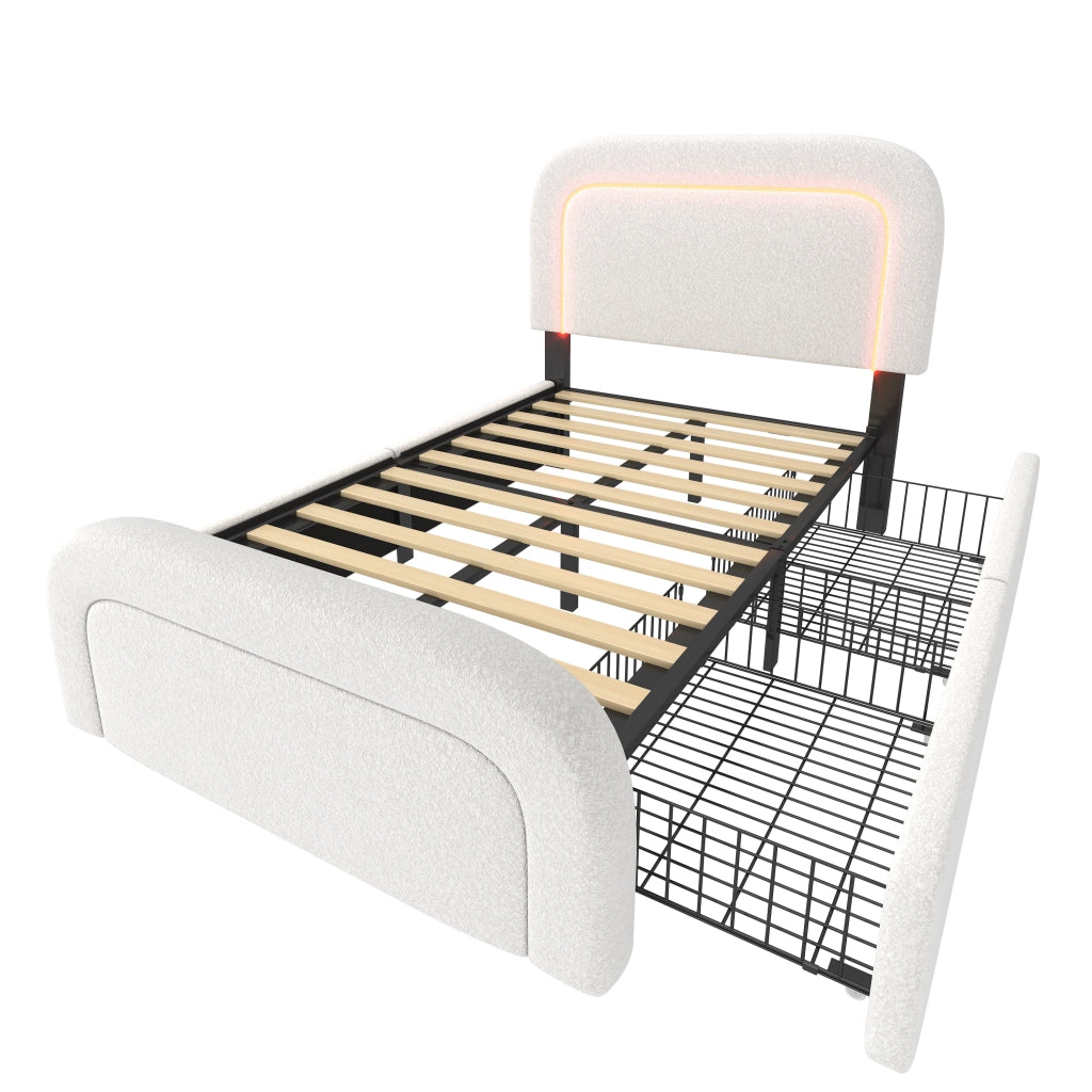 Letto singolo imbottito 90x200 cm con USB Type-C, LED, 2 cassetti e materasso incluso, rivestimento Sherpa bianco