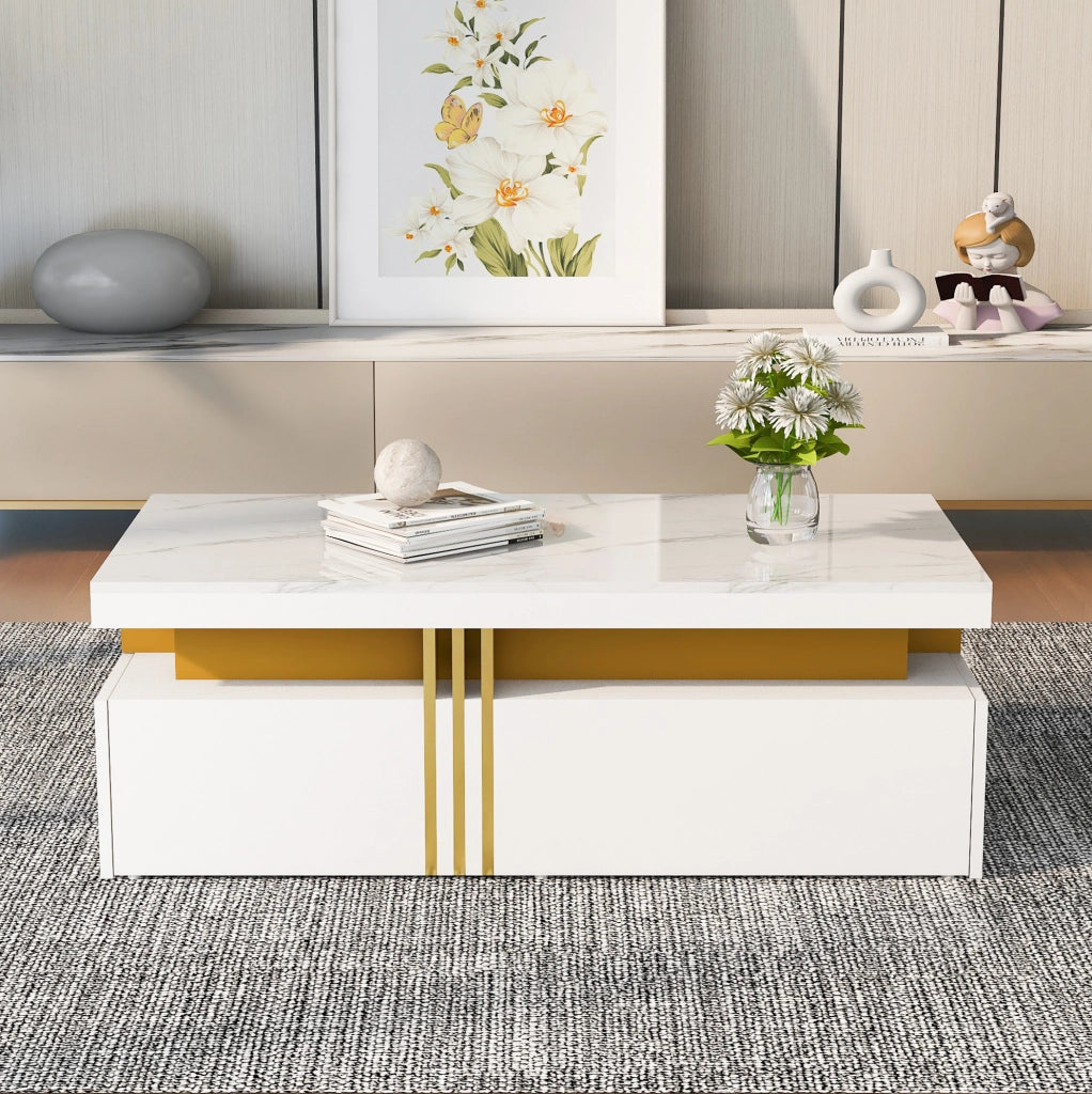 Tavolino da salotto moderno rettangolare 100x50x40 cm bianco lucido con 2 cassetti
