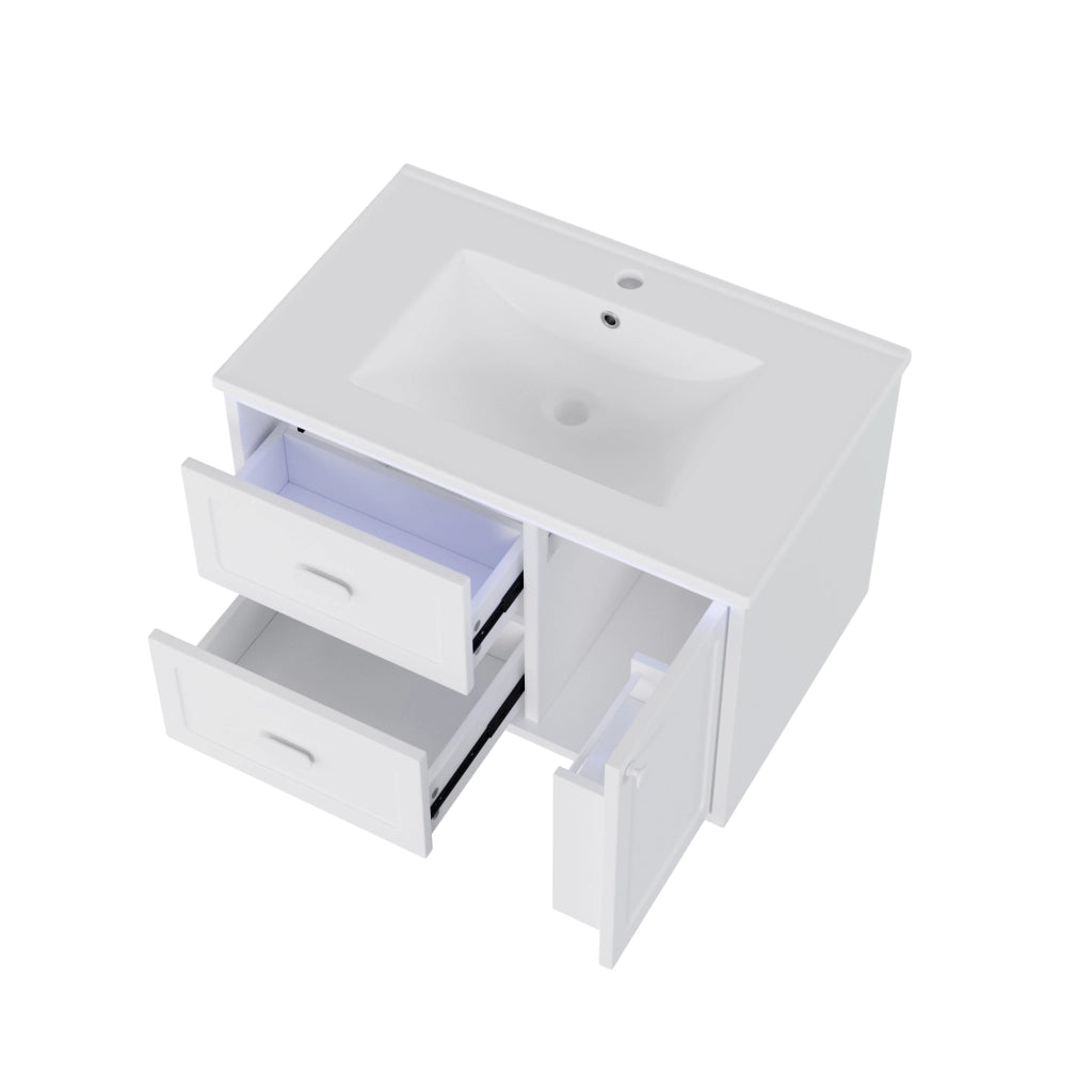 Mobile sottolavabo LED con 2 cassetti e 1 anta; sensore radar; in ceramica e MDF bianco; 76 × 46 × 51 cm