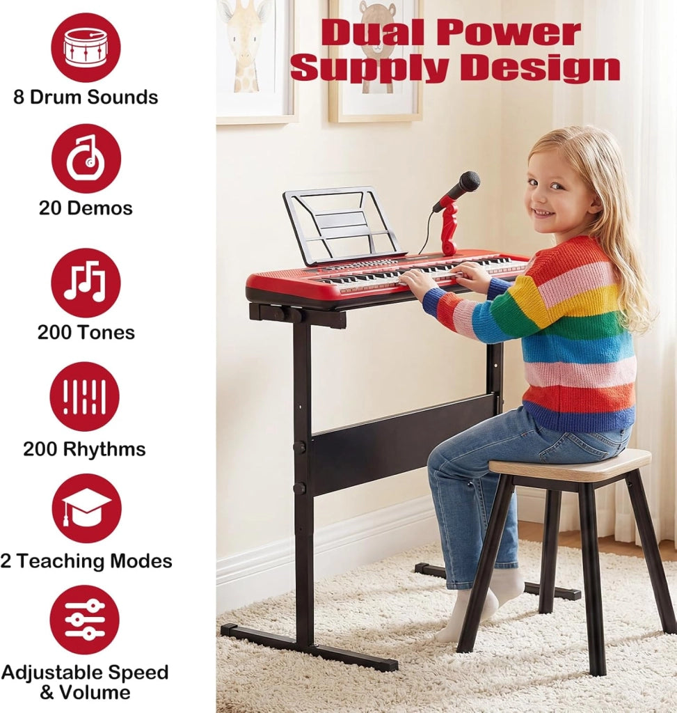 Tastiera elettronica per bambini di 3 anni+, microfono e leggio, pianoforte digitale 61 tasti con supporto regolabile, pianoforte elettronico, 200 toni e ritmi, 20 demo (rosso)