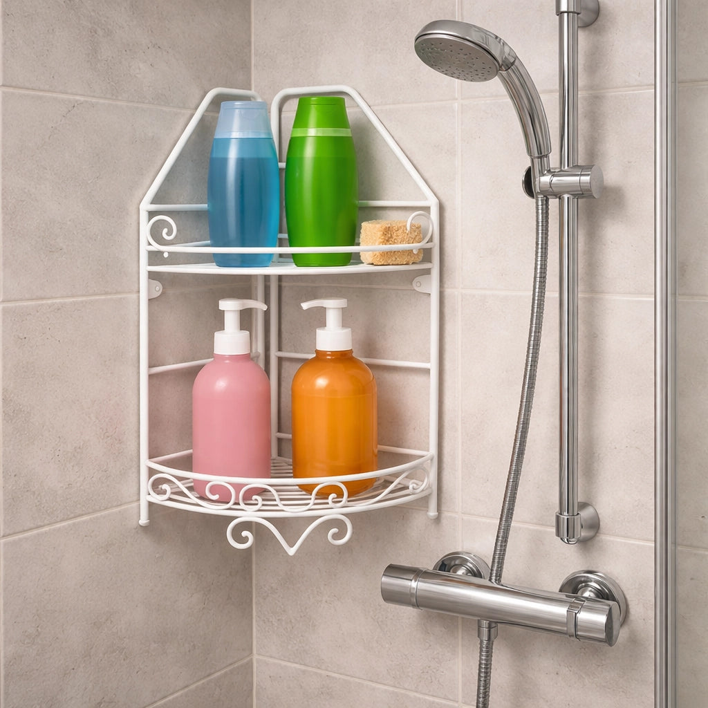 Scaffale Angolare 2 Mensole Portaoggetti Per Bagno e Doccia Sapone Shampo 52527
