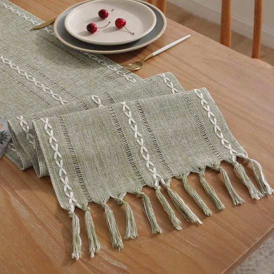 Tavolo da Cucina in Stile Rustico con Tessuto a Strisce - 305 cm - Decorazione Verde - 120 Pollici di Lunghezza con Piumini - Cucina e Sala da Pranzo