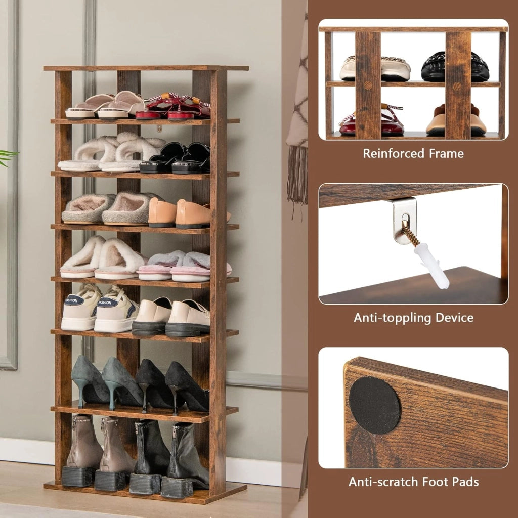 Scarpiera da Ingresso, Portascarpe a 7 Ripiani, Scaffale per 7/14 Scarpe, in Legno, Stretto e Compatto per Salvaspazio, 2 Size di 27,5x26,5x110 cm e 45x25x110 cm (Marrone, L)