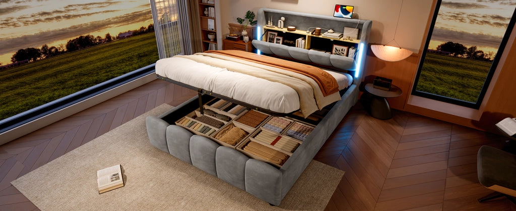 DESMIU Letto Contenitore 140 × 200 cm 2 Posti con LED, USB, USB-C e Testiera con Vano, senza Materasso, Velluto Grigio