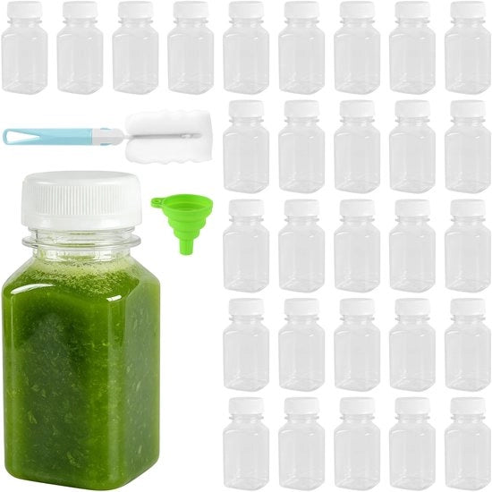 Set di flaconi in plastica trasparente da 30 a 150ml - Contenitori riciclabili - Coperchi e spazzola - Ideali per bevande - Flaconi per bevande