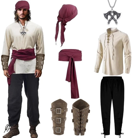 Costume Pirata Uomo - Set Completo - Camicia/Pantaloni - Cintura/Protettori Polsi - Carnevale/Cosplay - Materiali di Alta Qualità - Adattamento della Misura - Costume Medievale