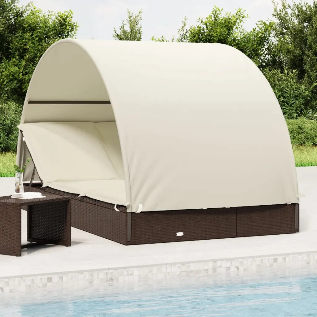 Sdraio da giardino | Lettino Doppio Tetto Rotondo Marrone 211x112x140 cm Polyrattan