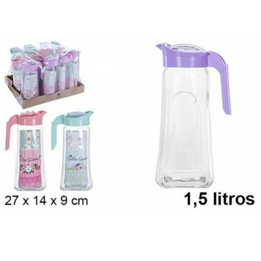 Trade Shop - Set 12 Pezzi Brocca Brocche Caraffa In Vetro 1,5 Lt Coperchio Colorato -