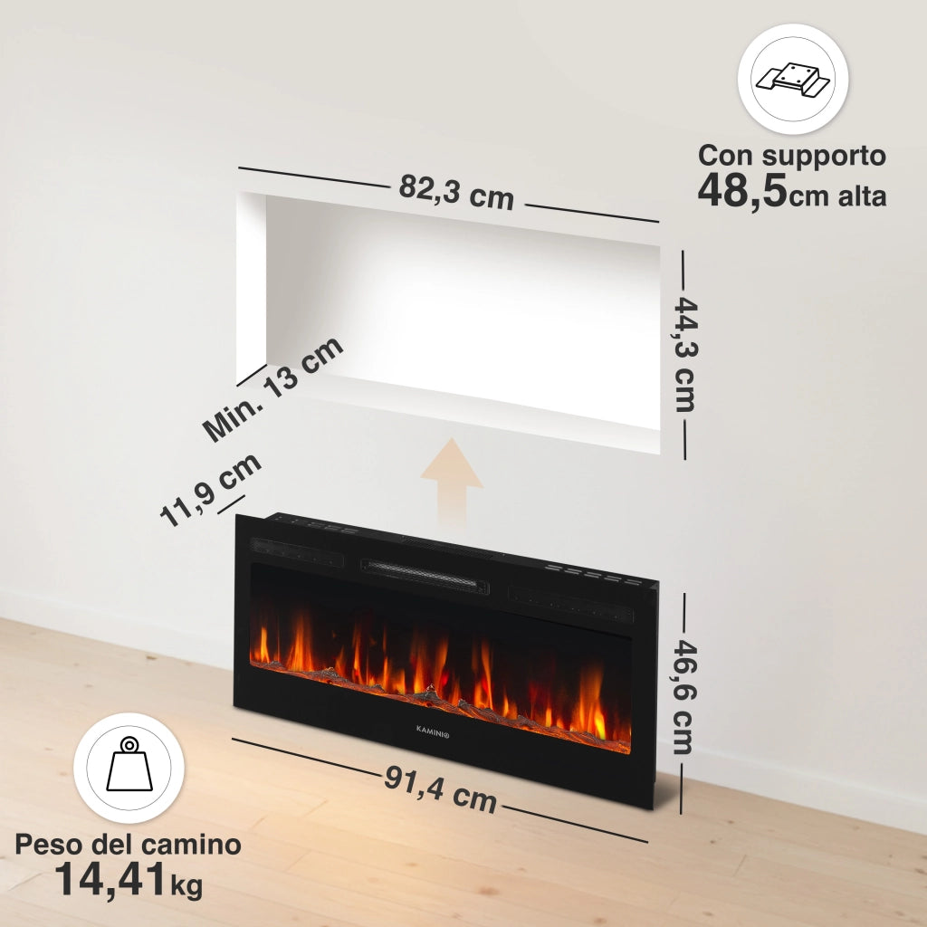 KAMINIO Camino elettrico MARLON - Camino elettrico 3 in 1 con riscaldatore, effetto fiamma 3D, 12 colori di fiamma, telecomando - 36 pollici