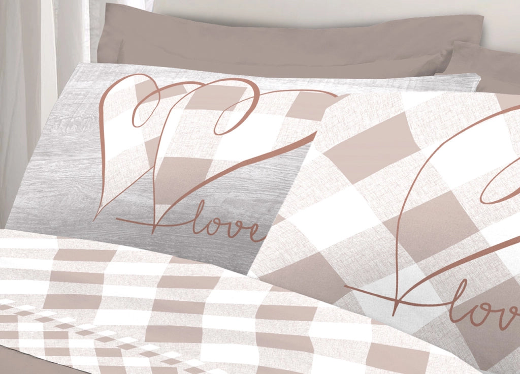 Completo Lenzuola Letto Pensieri Delicati 100% Cotone Dis.Lovely Check - Piazza E Mezza - Beige