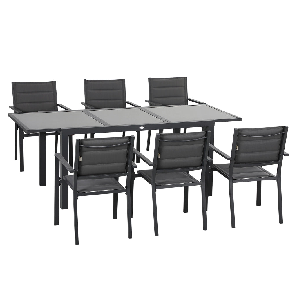 Set da Giardino con Tavolo Allungabile in Vetro e 6 Sedie con Seduta Traspirante, Grigio Scuro