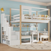 Letto a soppalco per bambini 90 × 200 cm con tavolo pieghevole, scala contenitore et sponde di sicurezza, senza materasso, bianco naturale