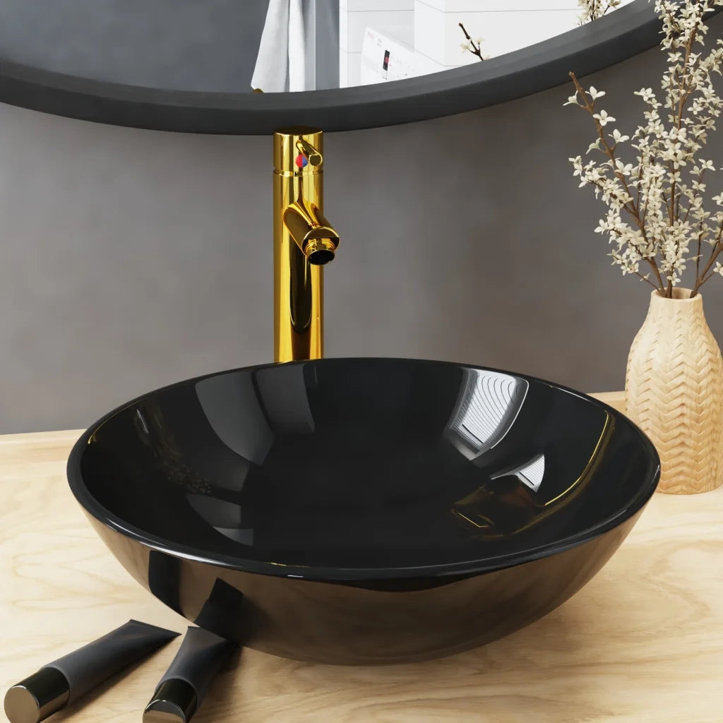 Lavandino-Lavabo-Lavello Bagno con Rubinetto e Piletta in Vetro Temperato Nero 402090