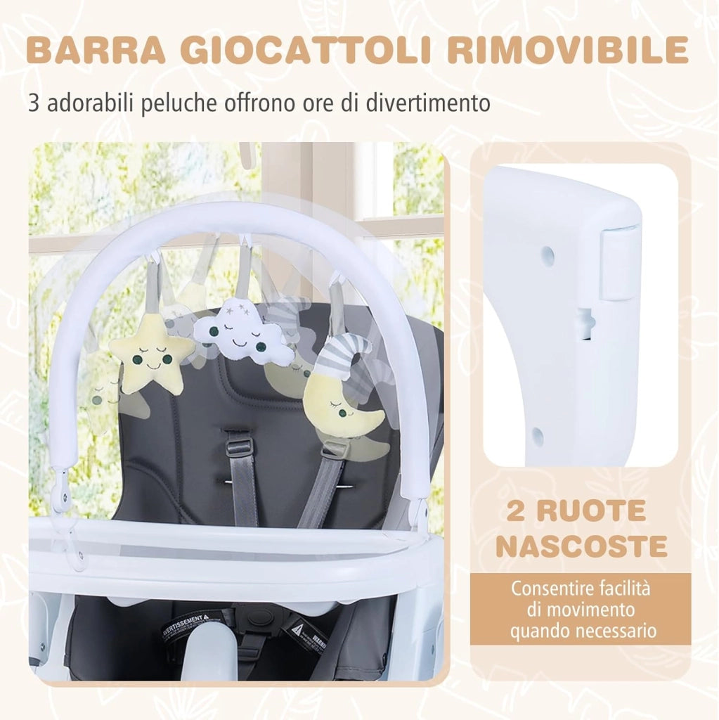 Seggiolone Pappa Portatile, con Altezza Regolabile, Schienale Reclinabile e Vassoio Rimovibile, Seggiolone Evolutivo Pieghevole con Cintura e 2 Ruote, per Bambini 6-36 Mesi (Grigio Scuro)