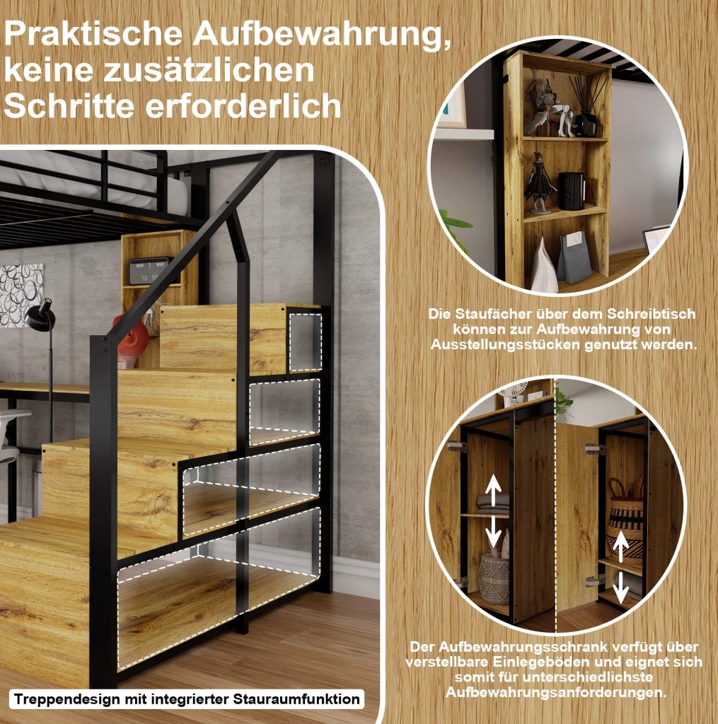 Letto a soppalco 140x200 cm in metallo e MDF con scrivania; armadio; scale contenitore; nero