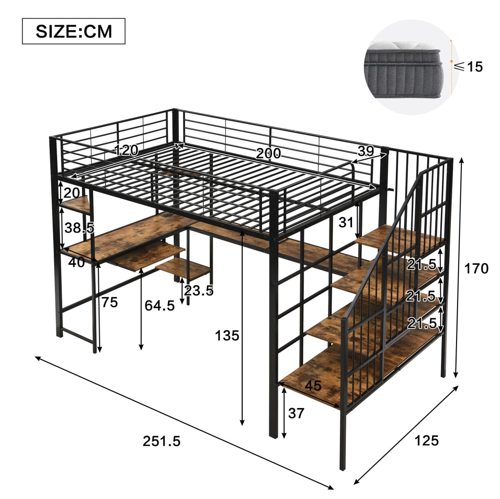 Letto a soppalco 120x200 cm con presa di ricarica; scala ad angolo e scrivania in ferro e MDF nero e noce scuro