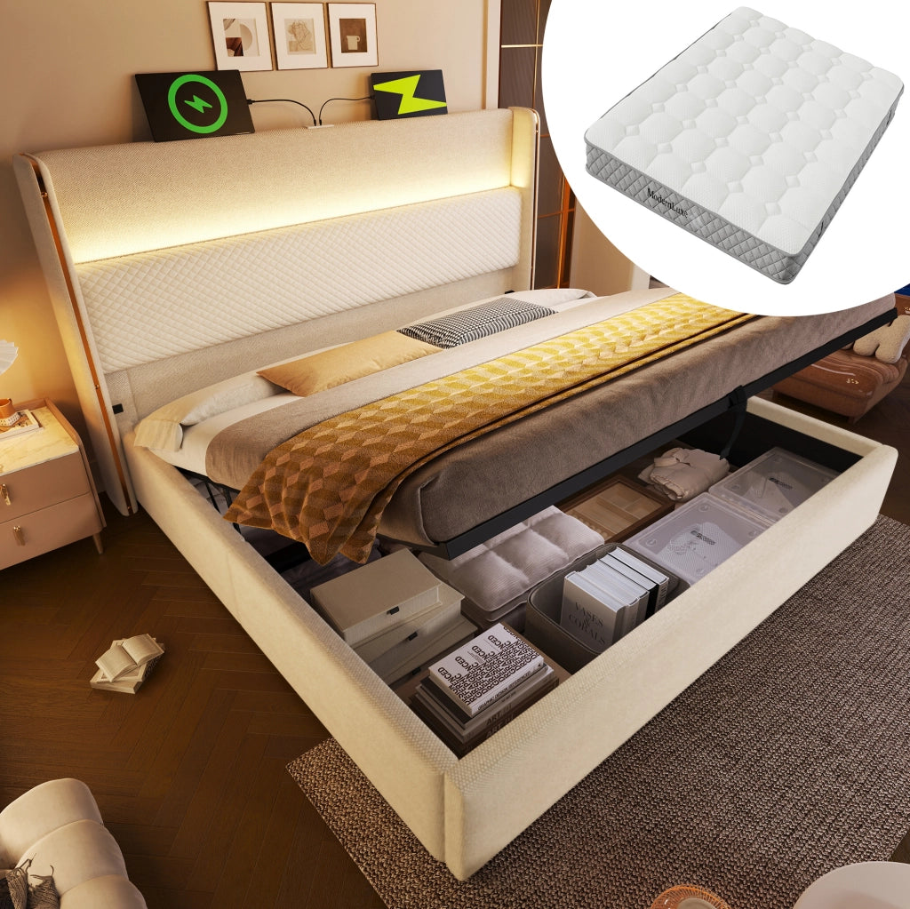 Letto matrimoniale 140x200 cm con testiera alta; LED; contenitore; USB e Tipo C; beige; con materasso