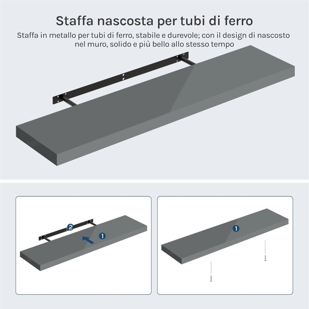Mensola da Muro, Set di 2, Scaffale Sospeso da Parete Libreria Piccola per Soggiorno Cameretta Porta CD DVD, Pannello MDF 100x22,9x3,8cm, Grigio Lucido, RG9482gr-2