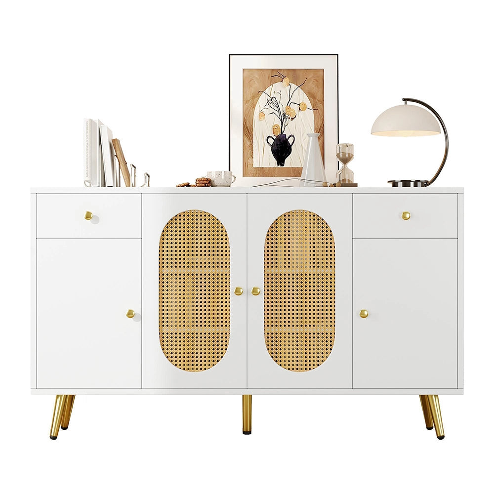 Commode buffet con 2 cassetti e 4 ante - Xylo - Bianco e toni naturali, L140xP35xH82 cm