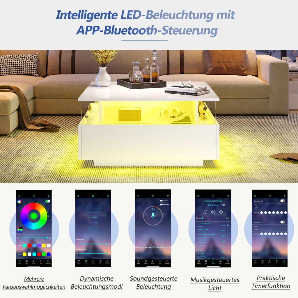 tavolino basso moderno con LED, due cassetti e area trasparente in truciolare bianco per soggiorno