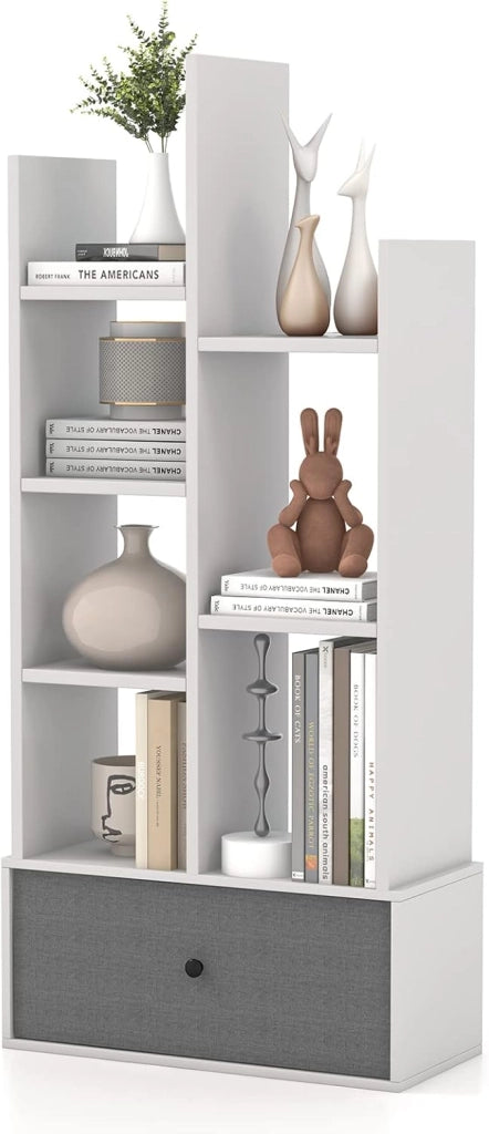 COSTWAY Libreria in Legno a 7 Piani, Scaffale Multifunzionale con 1 Cassetto e 7 Scomparti, Scaffale Espositivo per Soggiorno Studio Ufficio, 53x24x118 cm (Bianco, 1 cassetto)