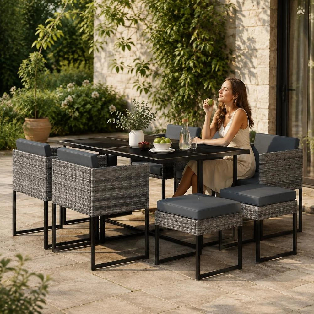 9-piece Garden Dining Set With Cushions, Poly Rattan, Grey